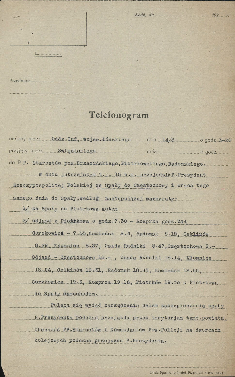 Telefonogram w sprawie przejazdu Prezydenta RP przez Piotrków, 1923 r.